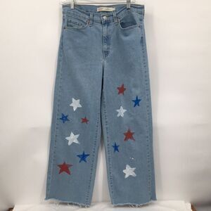 Levi's Light Blue Jeans Heritage Wide Leg 4th of July Red White Star Design